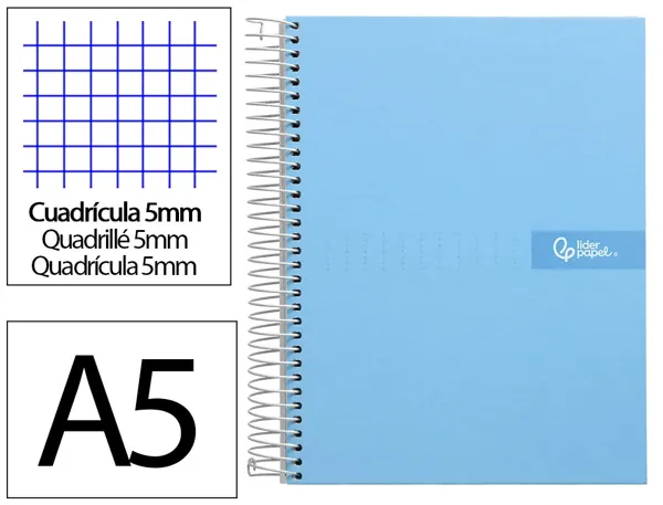 Cahier spirale liderpapel crafty couverture contrecollée a5 240p 90g/m2 5x5mm microperforé 6 trous coloris bleu ciel — Non…