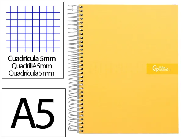 Cahier spirale liderpapel crafty couverture contrecollée a5 240p 90g/m2 5x5mm microperforé 6 trous coloris jaune — Non classé