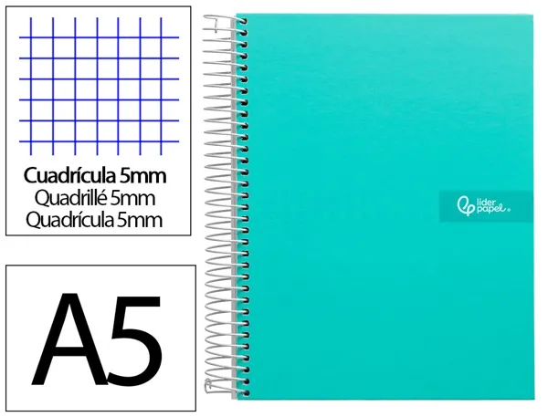 Cahier spirale liderpapel crafty couverture contrecollée a5 240p 90g/m2 5x5mm microperforé 6 trous coloris turquoise — Non…