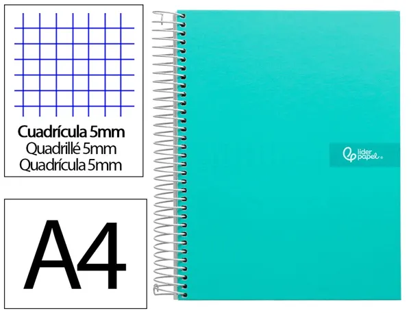 Cahier spirale liderpapel crafty couverture contrecollée a4 240p 90g/m2 5x5mm microperforé 4 trous coloris turquoise — Non…
