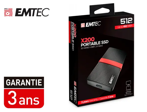 Disque dur ssd portable emtec x200 power plus usb-c 3.1 gen1 transfert haute vitesse grande capacite de stockage 512gb —…