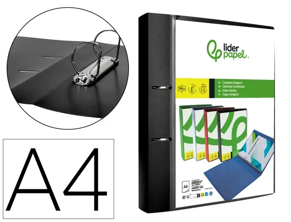 Classeur kangourou liderpapel 2 anneaux en d 40mm           polypropylene 283x320mm dos   45mm document a4 coloris noir —…