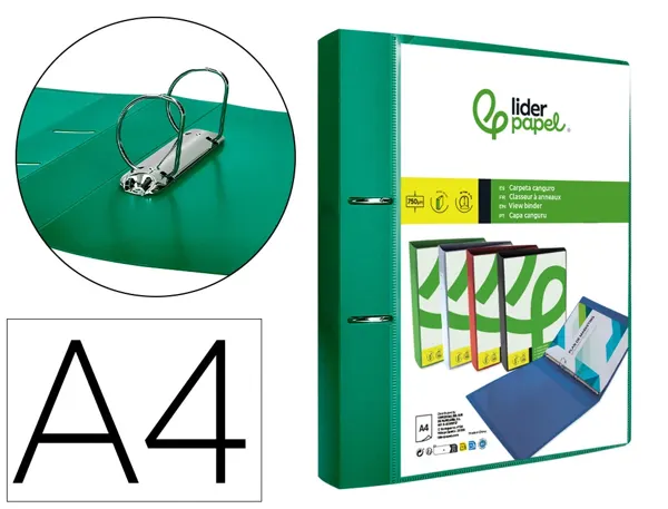 Classeur kangourou liderpapel 2 anneaux en d 40mm           polypropylene 283x320mm dos   45mm document a4 coloris vert —…