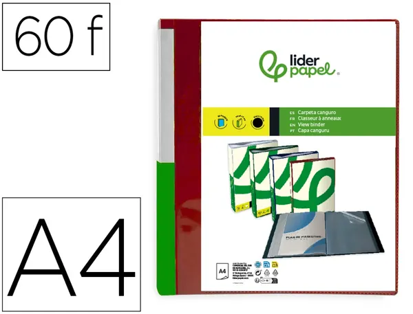 Protege-documents liderpapel personnalisable kangourou     polypropylene 60 pochettes    fixes a4 coloris rouge — Non classé