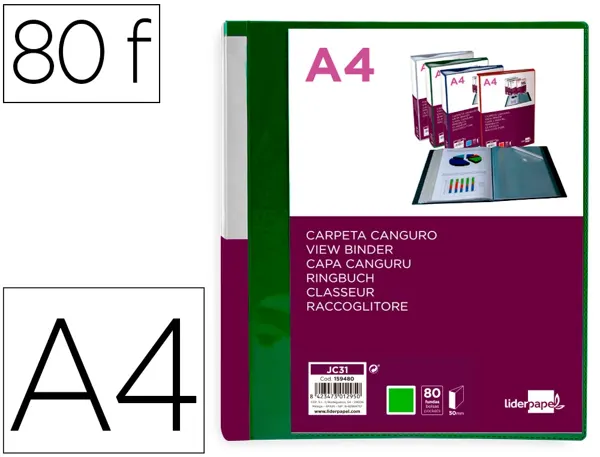 Protege-documents liderpapel personnalisable kangourou     polypropylene 80 pochettes    fixes a4 coloris vert — Non classé