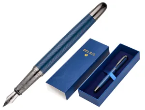 Stylo-plume belius neptuno aluminium texture ondulee attributs gun encre bleue coloris bleu marine dans coffret cadeau —…