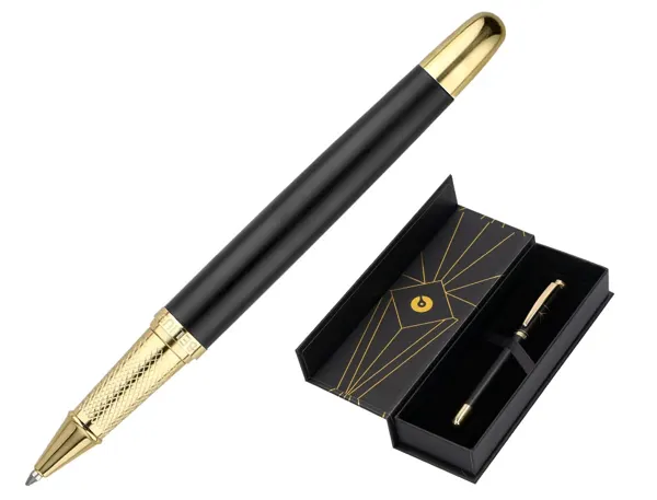 Stylo-bille belius soiree aluminium details et attributs or encre bleue coloris noir dans coffret cadeau — Non classé