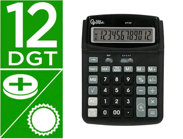 Calculatrice de bureau liderpapel xf39 12 chiffres solaire et piles 190x140x32mm coloris noir — Non classé