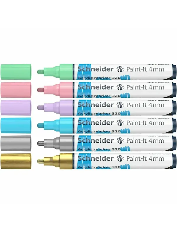 Marqueur acrylique schneider paint it 320 4mm pochette de  6 couleurs assorties (or,     bleu pastel, rose pastel, — Non…
