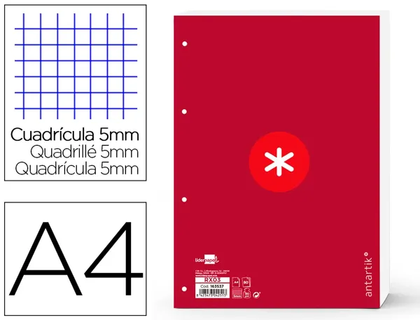 Feuillet mobile antartik a4 80feuilles 90g quadrillage 5mm  4 trous bord coloris framboise — Non classé