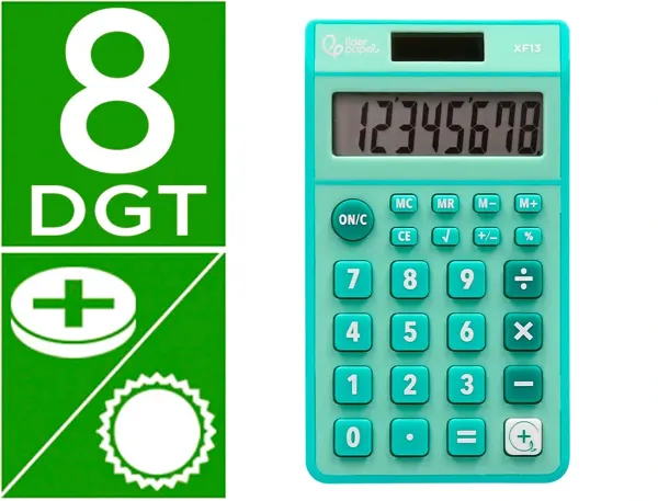 Calculatrice de poche liderpapel xf13 8 chiffres    solaire et piles 115x65x8 mm  coloris vert — Non classé