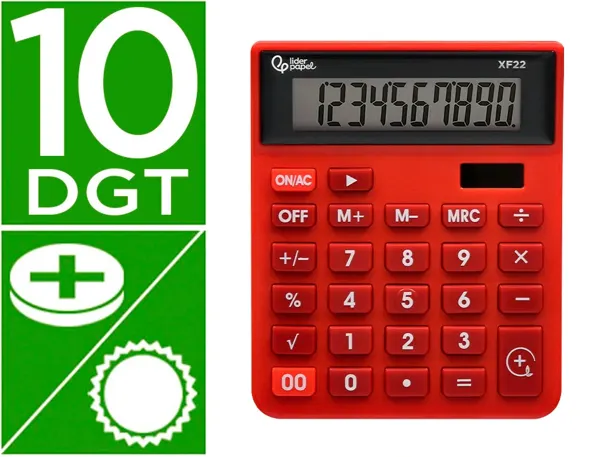 Calculatrice de bureau liderpapel xf22 10 chiffres   solaire et piles 127x105x24   mm coloris rouge — Non classé