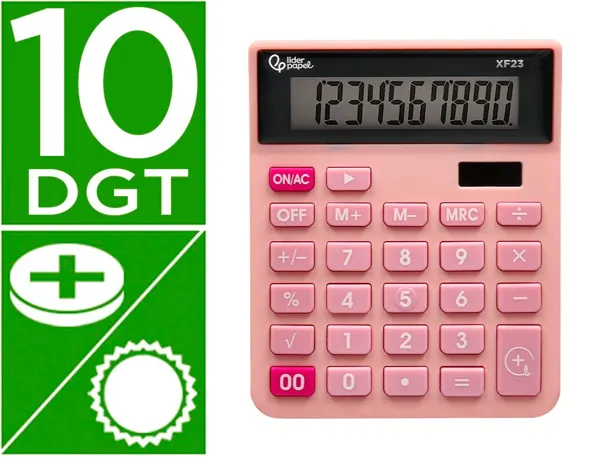 Calculatrice de bureau liderpapel xf20 10 chiffres   solaire et piles 127x105x24   mm coloris rose — Non classé