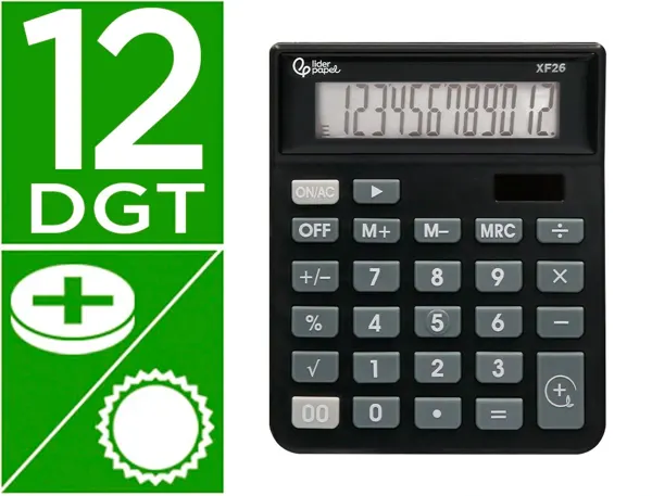 Calculatrice de bureau liderpapel xf26 12 chiffres   solaire et piles 127x105x24   mm coloris noir — Non classé