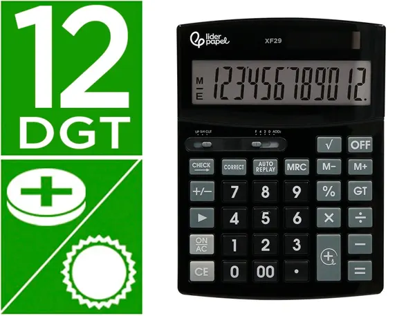 Calculatrice de bureau liderpapel xf29 12 chiffres   taxes solaire et piles        coloris noir 190x140x30 mm — Non classé