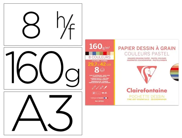 Papier dessin   grain clairefontaine a3 assortiment pastel 160gr  8f — Non classé
