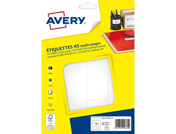 Etiquette avery impression laser jet encre et copieur 35x49mm coloris blanc pochette 256 unites — Non classé