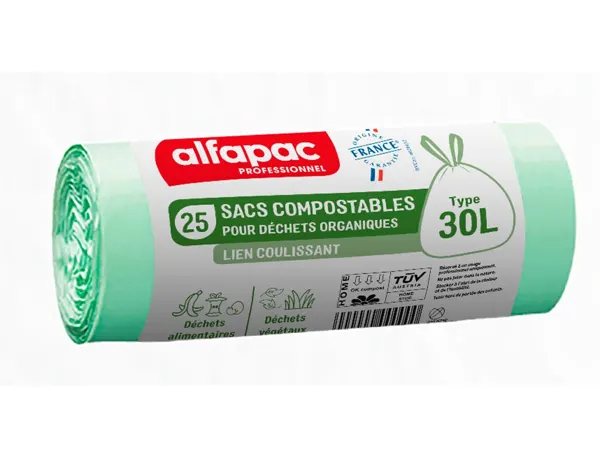 Sac dechets compostable alfapac lien coulissant 18    microns 30l resistance 6,5kg  500x650mm coloris vert 250 — Non classé