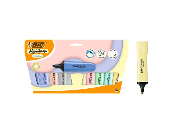 Surligneur bic highlighter plat pointe biseautee coloris pastel assortis pochette 10   unites — Non classé