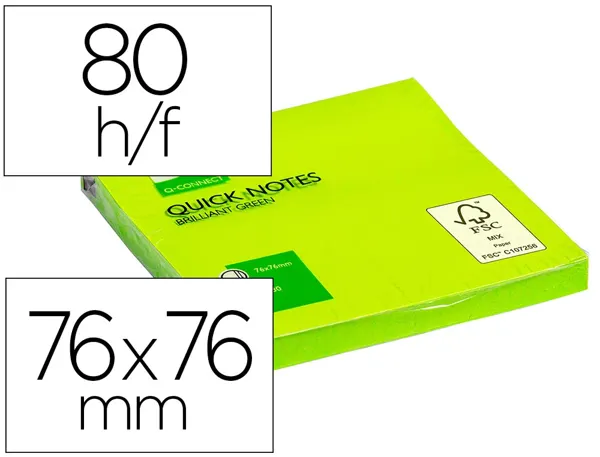 Bloc-notes q-connect quick notes couleurs néon 76x76mm 80f repositionnables coloris vert vif — Non classé