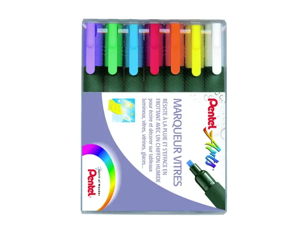 Marqueur pentel vitre effacable encre resistante pluie pointe biseaute 2mm coloris assortis pochette 7 — Non classé