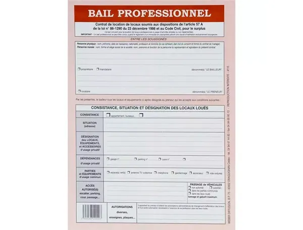 WEBER Formulaire français "Bail professionnel" — Registres & manifolds