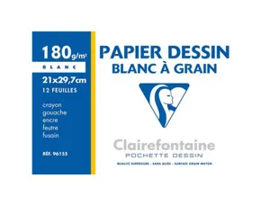 Papier dessin clairefontaine grain léger prononcé sans acide blancheur naturelle 180g a4 pochette 12f — Non classé