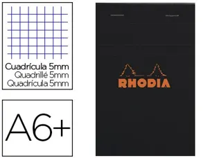 Bloc bureau rhodia a6+ papier vélin surfin couverture enduite enveloppante 110x170mm 80f détachables 80g 5x5mm noir — Non…