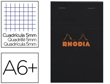 Bloc bureau rhodia a6+ papier vélin surfin couverture enduite enveloppante 110x170mm 80f détachables 80g 5x5mm noir — Non…