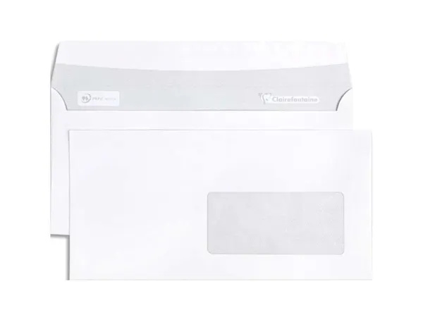 Enveloppe clairefontaine auto-adhesive 110x220mm 80g fenetre 45x100mm coloris blanc paquet 50 — Non classé