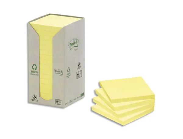 Bloc-notes post-it papier recyclé 76x76mm 100f/bloc repositionnables coloris jaune tour 16 blocs — Non classé