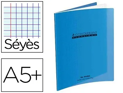 Cahier piqué conquérant classique couverture polypropylène rigide transparente a5+ 17x22cm 32 pages 90g séyès bleu — Non…