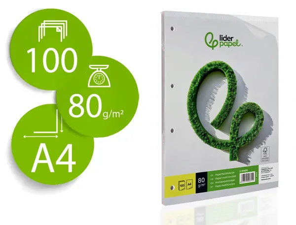 Papier écriture liderpapel a4 210x297mm blancheur extra opacité 80g/m2 paquet 100 feuilles 4 trous — Non classé