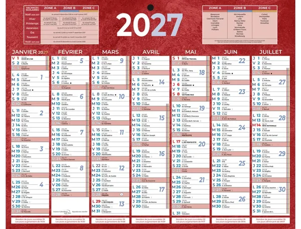 Calendrier classique bouchut 2027 7 mois recto/verso 1     trou 210x265mm coloris rouge — Non classé