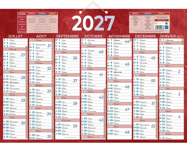 Calendrier classique bouchut 2027 7 mois recto/verso 2 oeillets et 1 cordonnet 385x540mm coloris rouge — Non classé