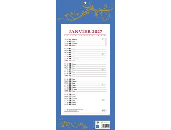Bloc mensuel 411 bouchut 2027 1 oeillet 190x420mm coloris   bleu — Non classé