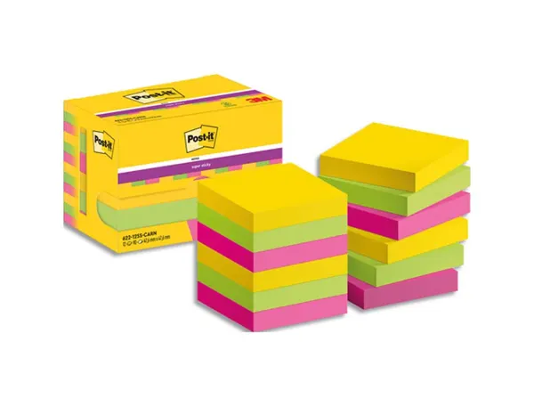 Bloc-notes post-it super sticky couleur carnival 47.6x47.6mm90f neon/bleu/vert/jaun/fusch/orange 12 blocs  622-1255rio —…