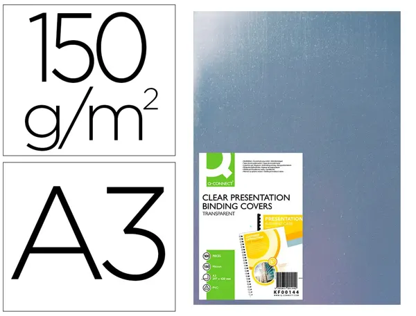 Plat couverture q-connect pvc incolore 150 microns a3 relieurs spirales peignes anneaux paquet 100 unités — Non classé