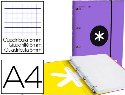Classeur antartik 4 anneaux ronds 25mm a4 carton rembordé feuillets mobiles quadrillage 5mm coloris violet — Non classé