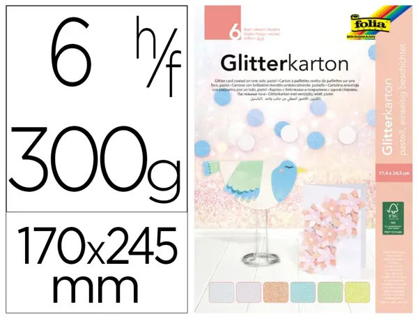 Carton a paillettes folia basic 300g/m2 bloc colle en tete 170x245mm coloris assortis pastel 6 feuilles — Non classé