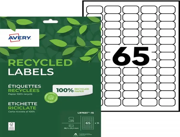 Etiq.las.recy 38.1x21.2 15f975etiquette recyclee - avery - impression laser - 38.1x21.2mm - 15 feuilles — Non classé