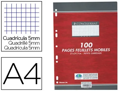 Feuillet mobile conquérant sept a4 210x297mm 100 pages 90g 5x5mm perforé coloris blanc — Non classé