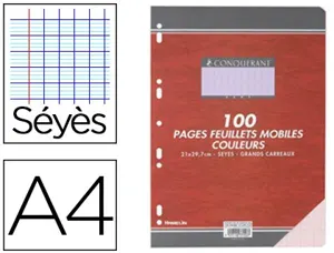 Feuillet mobile conquérant sept a4 210x297mm 100 pages 80g séyès perforé coloris rose — Non classé