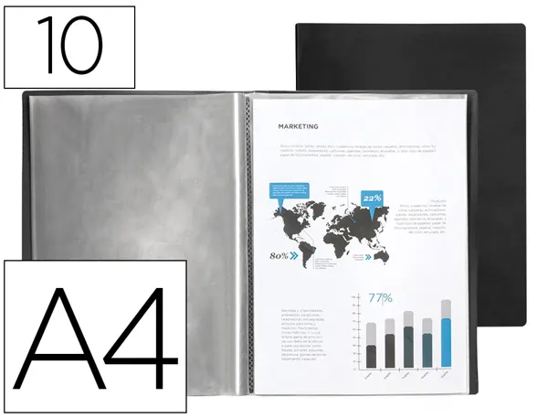 Protège-documents liderpapel polypropylène couverture flexible 10 pochettes fixes a4 210x297mm noir opaque — Non classé