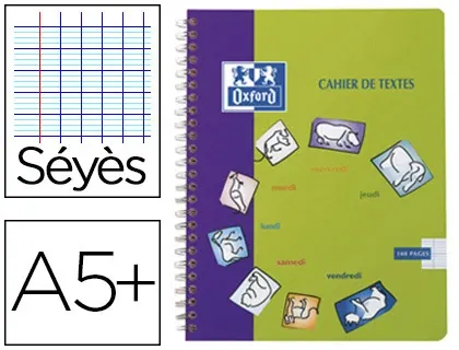 Cahier de textes spirale oxford couverture polypropylène reliure intégrale 17x22cm 148 pages 90g séyès coloris fantaisie —…