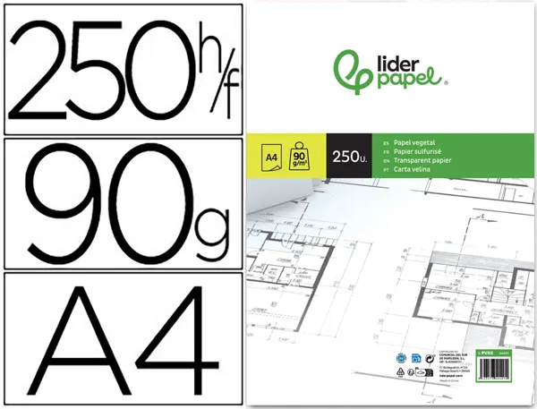 Papier végétal liderpapel calque haute transparence surface régulière satinée 90g/m2 a4 210x297mm — Non classé