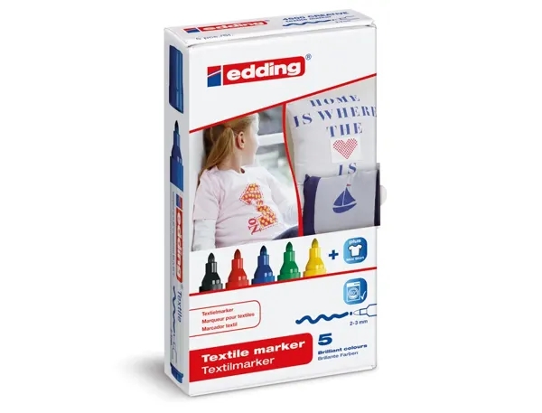 Marqueur Textile Edding E4500 Pointe Moyenne Tracé 2/3mm Indélébile 60 Degrés Séchage Rapide Étui 5 Unités —… — vue 3