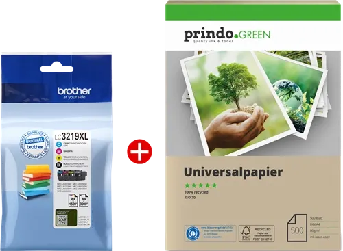 Brother LC3219XL MCVP 01 Noir(e) / Cyan / Magenta / Jaune Value Pack + Prindo Green Recyclingpapier 500 Blatt —…
