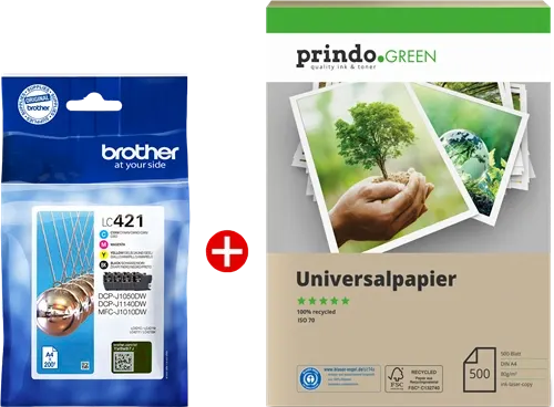 Brother LC421 MCVP Noir(e) / Cyan / Magenta / Jaune Value Pack + Prindo Green Recyclingpapier 500 Blatt — Consommables…