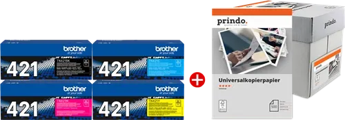 Brother TN-421 MCVP Noir(e) / Cyan / Magenta / Jaune / Blanc Value Pack + Prindo Universal Papier 2500 Blatt — Consommables…